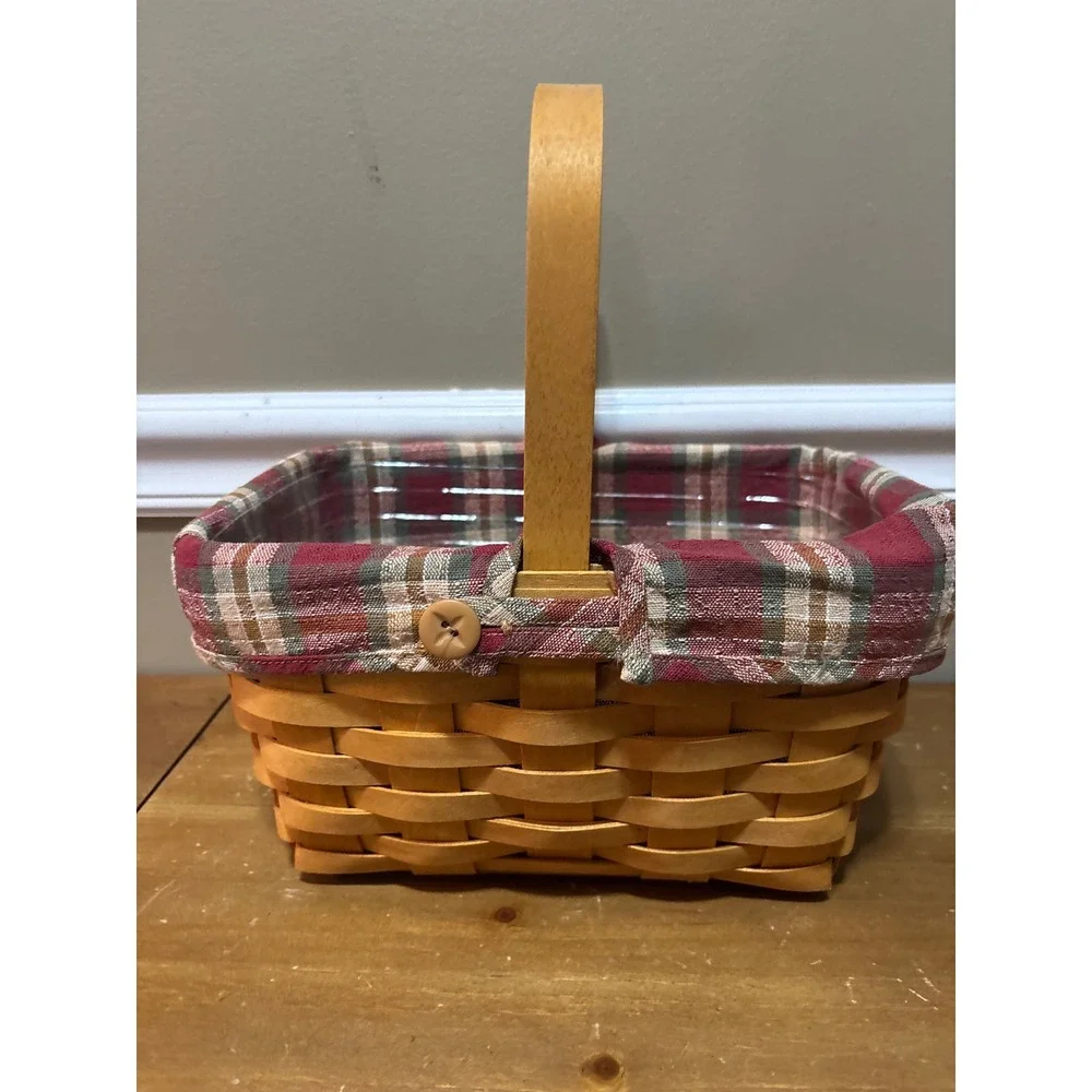 Handwoven Wood Splint Basket with Red Plaid Liner and Plastic Protector Honey